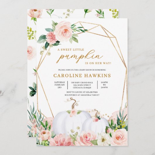 ピンクと金ゴールドフローラカボチャ赤ちゃんシャワー 招待状 (正面/裏面)