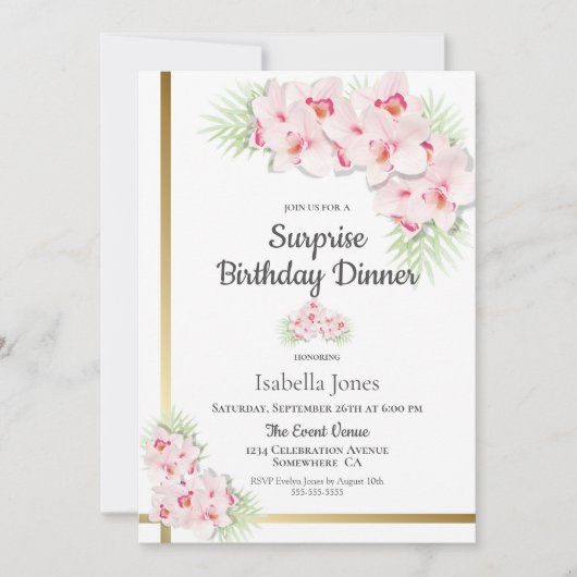 ピンクと金ゴールドフローラサプライズ誕生日ディナー 招待状 (正面)