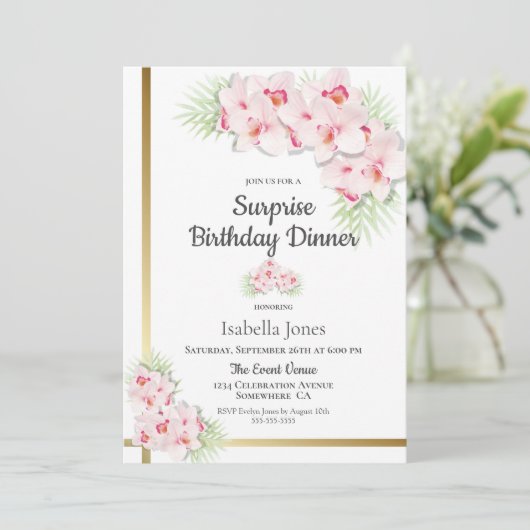 ピンクと金ゴールドフローラサプライズ誕生日ディナー 招待状 (スタンド正面)