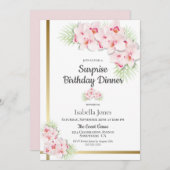 ピンクと金ゴールドフローラサプライズ誕生日ディナー 招待状 (正面/裏面)