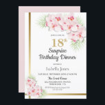 ピンクと金ゴールドフローラサプライズ18誕生日ディナー 招待状<br><div class="desc">ピンクエレガントの蘭と金ゴールド非対称を特徴とする驚きの18歳のバースデスタイリッシュィナーの縁どパーティの招待状。</div>