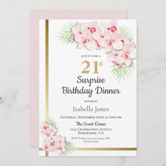 ピンクと金ゴールドフローラサプライズ21th誕生日ディナー 招待状 (正面/裏面)