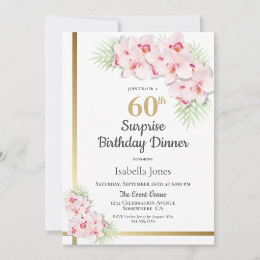 ピンクと金ゴールドフローラサプライズ60th誕生日ディナー 招待状 (正面)