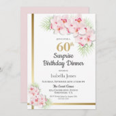 ピンクと金ゴールドフローラサプライズ60th誕生日ディナー 招待状 (正面/裏面)