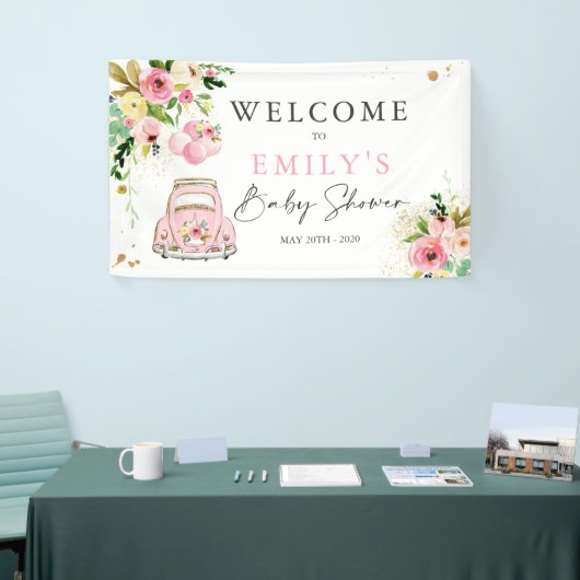 ピンクと金ゴールドフローラドライブバイベビーシャワーようこそ 横断幕 (トレードショー)