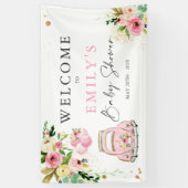 ピンクと金ゴールドフローラドライブバイベビーシャワーようこそ 横断幕 (縦)