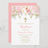 ピンクと金ゴールドフローラバプテスマ招待状ガール 招待状 (正面/裏面)