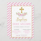 ピンクと金ゴールドフローラバプテスマ招待状女の子 招待状 (正面/裏面)