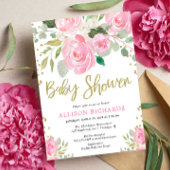 ピンクと金ゴールドフローラバラ女の子の赤ちゃんシャワー 招待状
