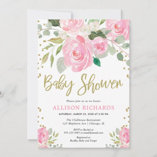 ピンクと金ゴールドフローラバラ女の子の赤ちゃんシャワー 招待状 (正面)