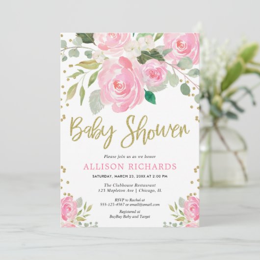 ピンクと金ゴールドフローラバラ女の子の赤ちゃんシャワー 招待状 (スタンド正面)