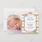 ピンクと金ゴールドフローラプリンセスベビーガール誕生 案内状 (正面)