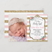 ピンクと金ゴールドフローラプリンセスベビーガール誕生 案内状 (正面/裏面)