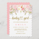 ピンクと金ゴールドフローラベビーシャワー招待状ガール 招待状 (正面/裏面)