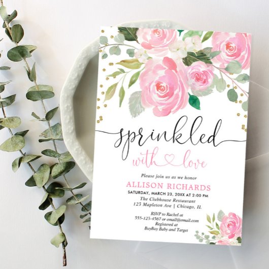ピンクと金ゴールドフローラベビー散水女 招待状