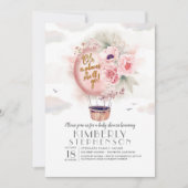 ピンクと金ゴールドフローラホットエアバルーン赤ちゃんシャワー 招待状 (正面)