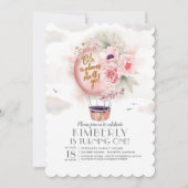 ピンクと金ゴールドフローラホットエアバルーン1st誕生日 招待状 (正面)