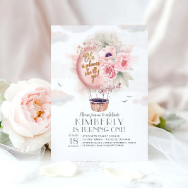 ピンクと金ゴールドフローラホットエアバルーン1st誕生日 招待状