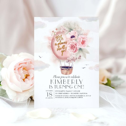 ピンクと金ゴールドフローラホットエアバルーン1st誕生日 招待状