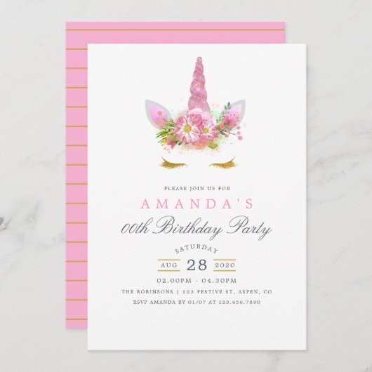ピンクと金ゴールドフローラユニコーンガールバースデーパーティー 招待状 (正面/裏面)