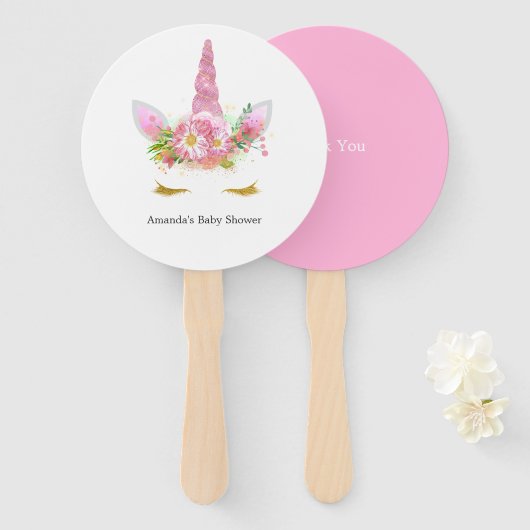 ピンクと金ゴールドフローラユニコーン女の子の赤ちゃんシャワー ハンドファン (正面&裏面)