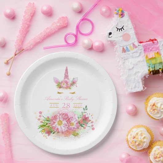 ピンクと金ゴールドフローラユニコーン女の子の赤ちゃんシャワー ペーパープレート (パーティー)