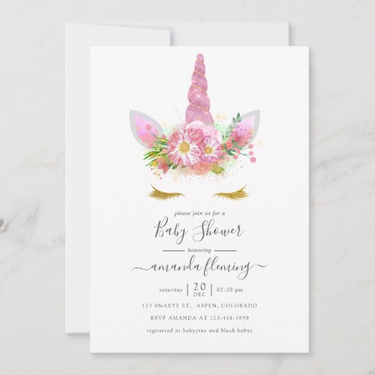 ピンクと金ゴールドフローラユニコーン女の子の赤ちゃんシャワー 招待状 (正面)