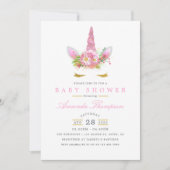 ピンクと金ゴールドフローラユニコーン女の子の赤ちゃんシャワー 招待状 (正面)