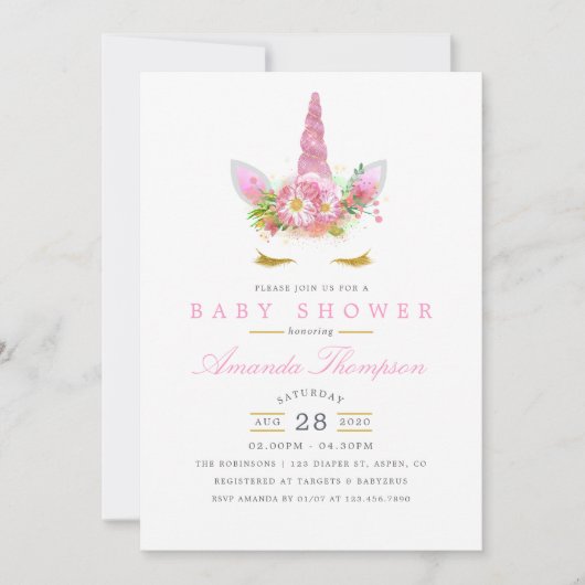 ピンクと金ゴールドフローラユニコーン女の子の赤ちゃんシャワー 招待状 (正面)