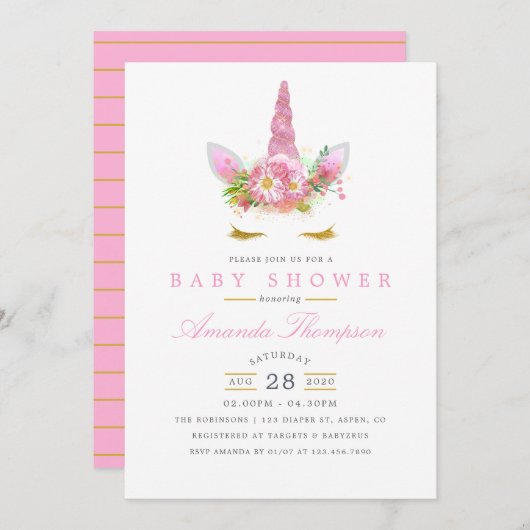 ピンクと金ゴールドフローラユニコーン女の子の赤ちゃんシャワー 招待状 (正面/裏面)
