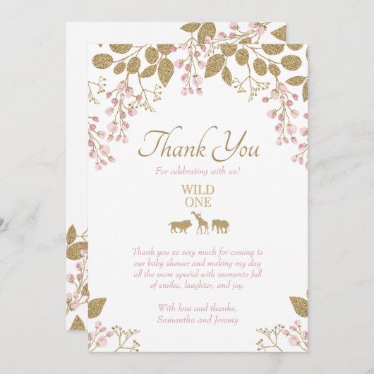 ピンクと金ゴールドフローラワイルドワンサファリベビーシャワー サンキューカード (正面/裏面)