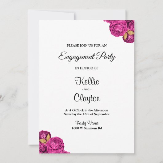 ピンクと金ゴールドフローラ婚約パーティ 招待状 (正面)