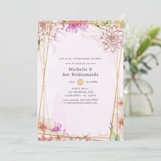 ピンクと金ゴールドフローラ幾何学的ブリデスメイドランチョン 招待状 (スタンド正面)