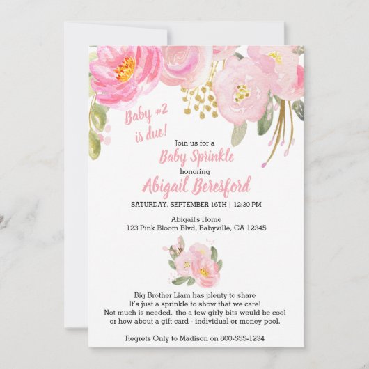 ピンクと金ゴールドフローラ水彩ベビー散布 招待状 (正面)