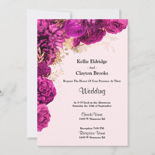 ピンクと金ゴールドフローラ結婚式招待状 招待状 (正面)