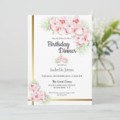 ピンクと金ゴールドフローラ誕生日ディナーパーティー 招待状 (スタンド正面)