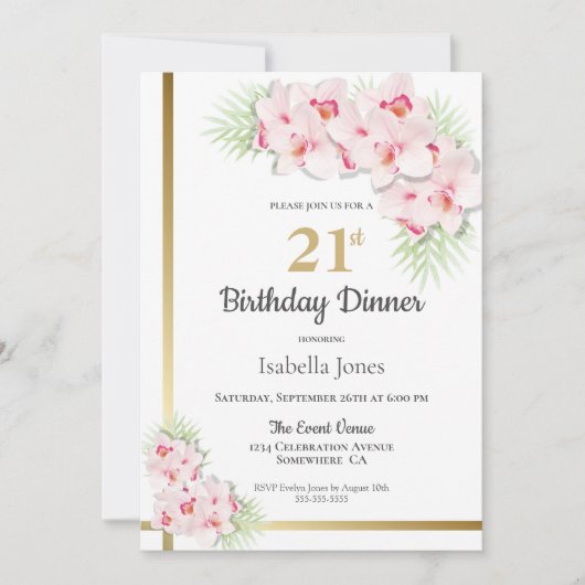 ピンクと金ゴールドフローラ21th誕生日ディナーパーティー 招待状 (正面)