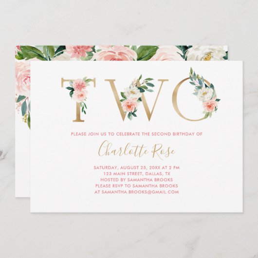 ピンクと金ゴールドフローラ2nd誕生日パーティの招待状 招待状 (正面/裏面)