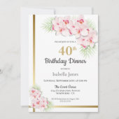 ピンクと金ゴールドフローラ40th誕生日ディナーパーティー 招待状 (正面)
