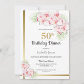 ピンクと金ゴールドフローラ50th誕生日ディナーパーティー 招待状 (正面)