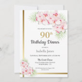 ピンクと金ゴールドフローラ90th誕生日ディナーパーティー 招待状 (正面)