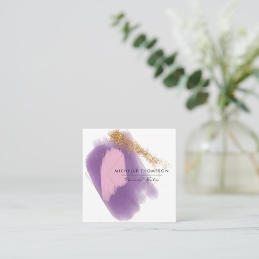 ピンクと金ゴールドブラシストロークの名刺 スクエア名刺 (スタンド正面)