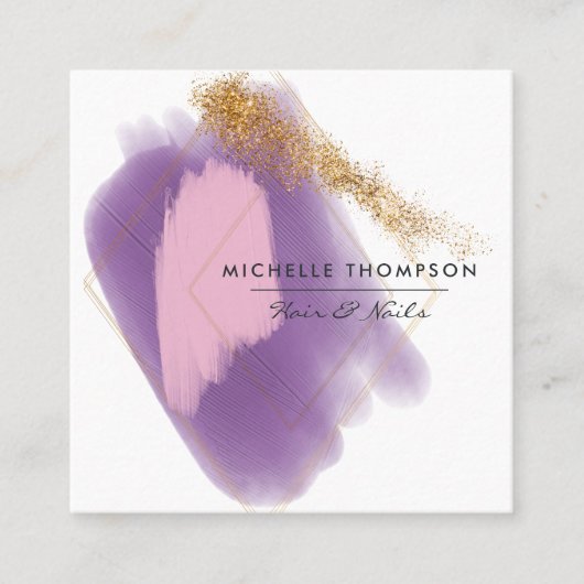 ピンクと金ゴールドブラシストロークの名刺 スクエア名刺 (正面)