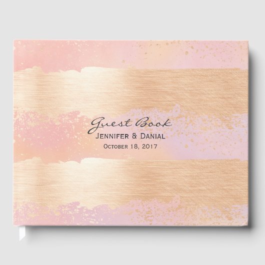 ピンクと金ゴールドブラシ結婚ストロークのゲストブック ゲストブック (正面)
