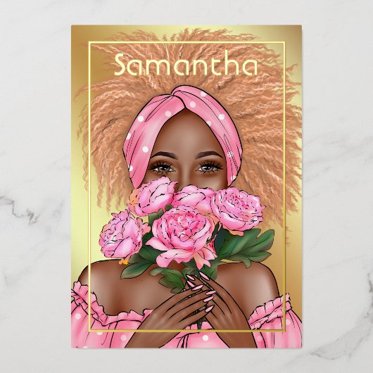 ピンクと金ゴールドブラックの女性の誕生日パーティー 箔招待状 (正面)