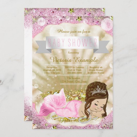 ピンクと金ゴールドブルネットマーメイドベビーシャワー 招待状 (正面/裏面)