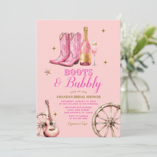 ピンクと金ゴールドブーツと泡立ちブライダルシャワー 招待状 (スタンド正面)