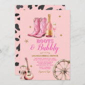 ピンクと金ゴールドブーツと泡立ちブライダルシャワー 招待状 (正面/裏面)