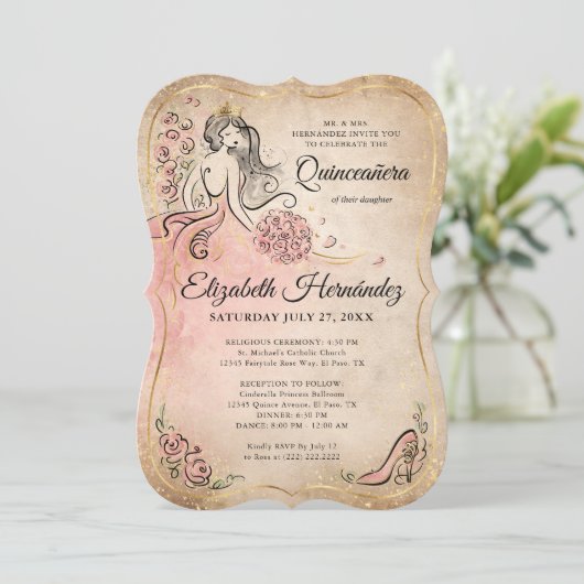 ピンクと金ゴールドプリンセスキンセアニェラ誕生日 招待状 (スタンド正面)