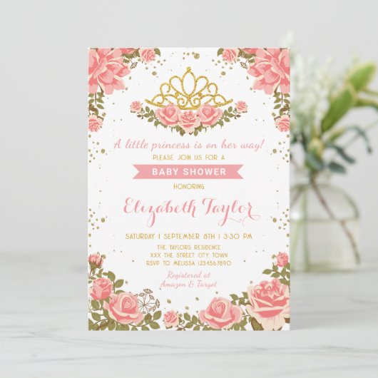 ピンクと金ゴールドプリンセスクラウンフローラベビーシャワー 招待状 (スタンド正面)